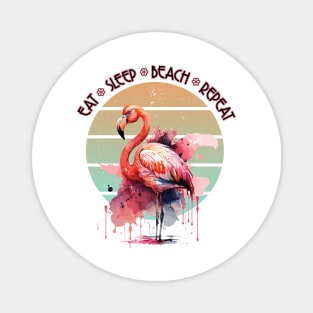 Eat Sleep Beach Repeat Pink Flamingo Retro Sunset Watercolor Art Magnet